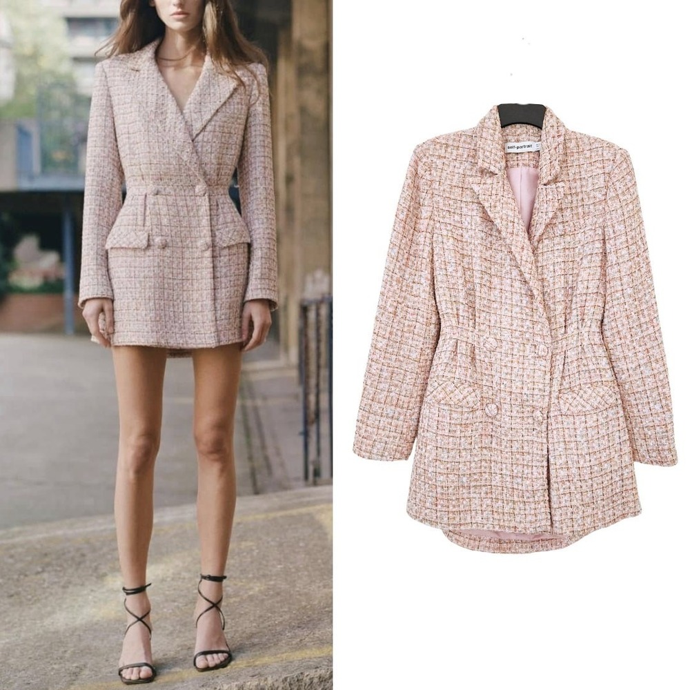 Self-Portrait Tweed Boucle Mini Dress Pink Gold Sequin Long Sleeve Suit Blazer 8 - Picture 4 of 12